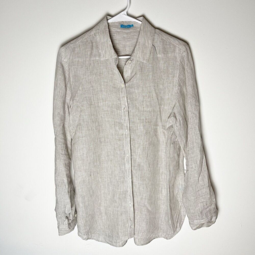 J.McLaughlin Tan Beige 100% Linen Button‎ Down Shirt Classic Medium Women…​